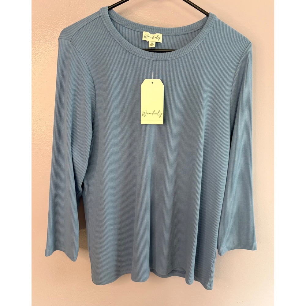 Wonderly Blue Ribbed Knit 3/4 Sleeve Crew Neck Top XL Simple Comfort Stretch NWT